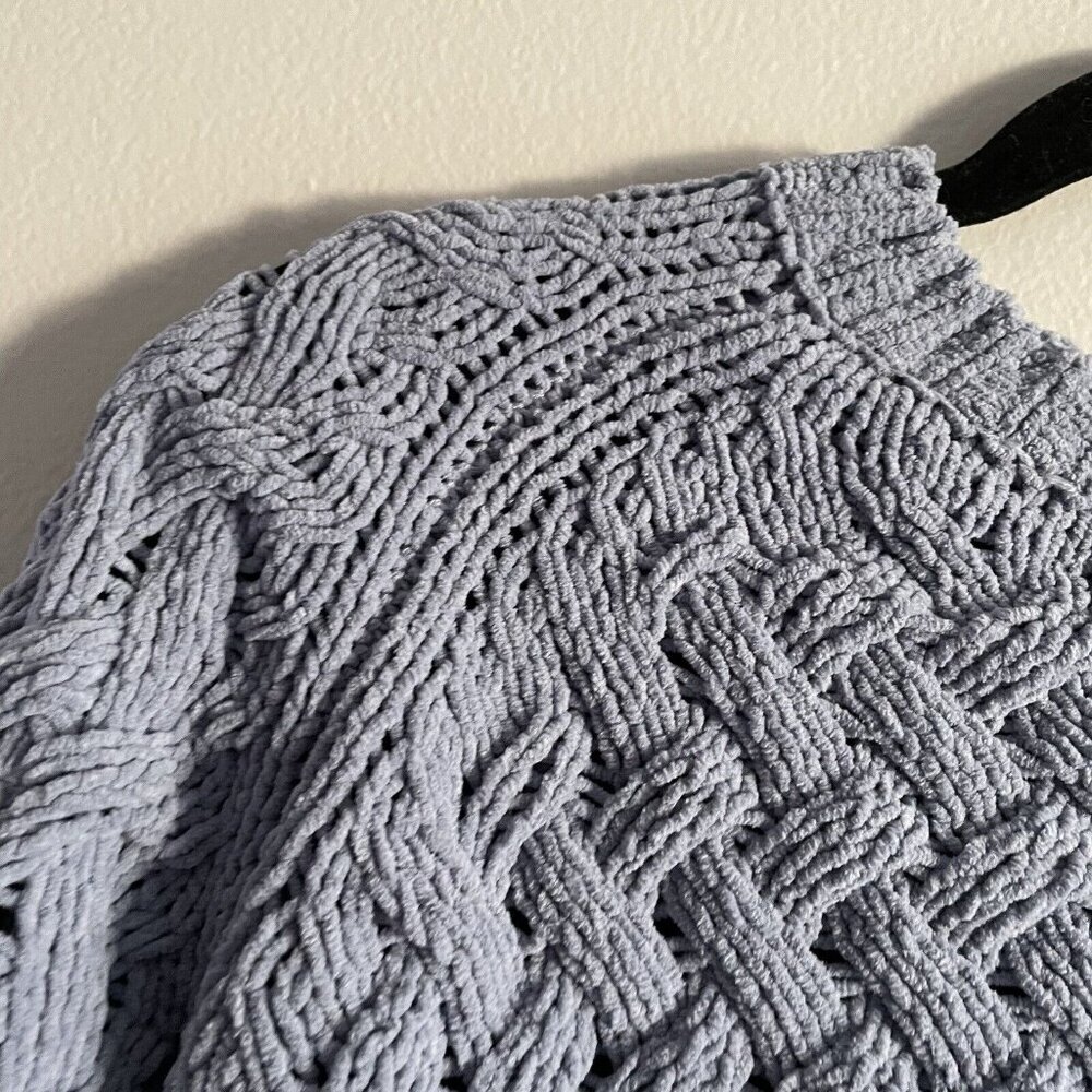 Kendall + Kylie Women S Blue Chenille Basketweave Knit Pullover Cropped Sweater - Picture 5 of 8